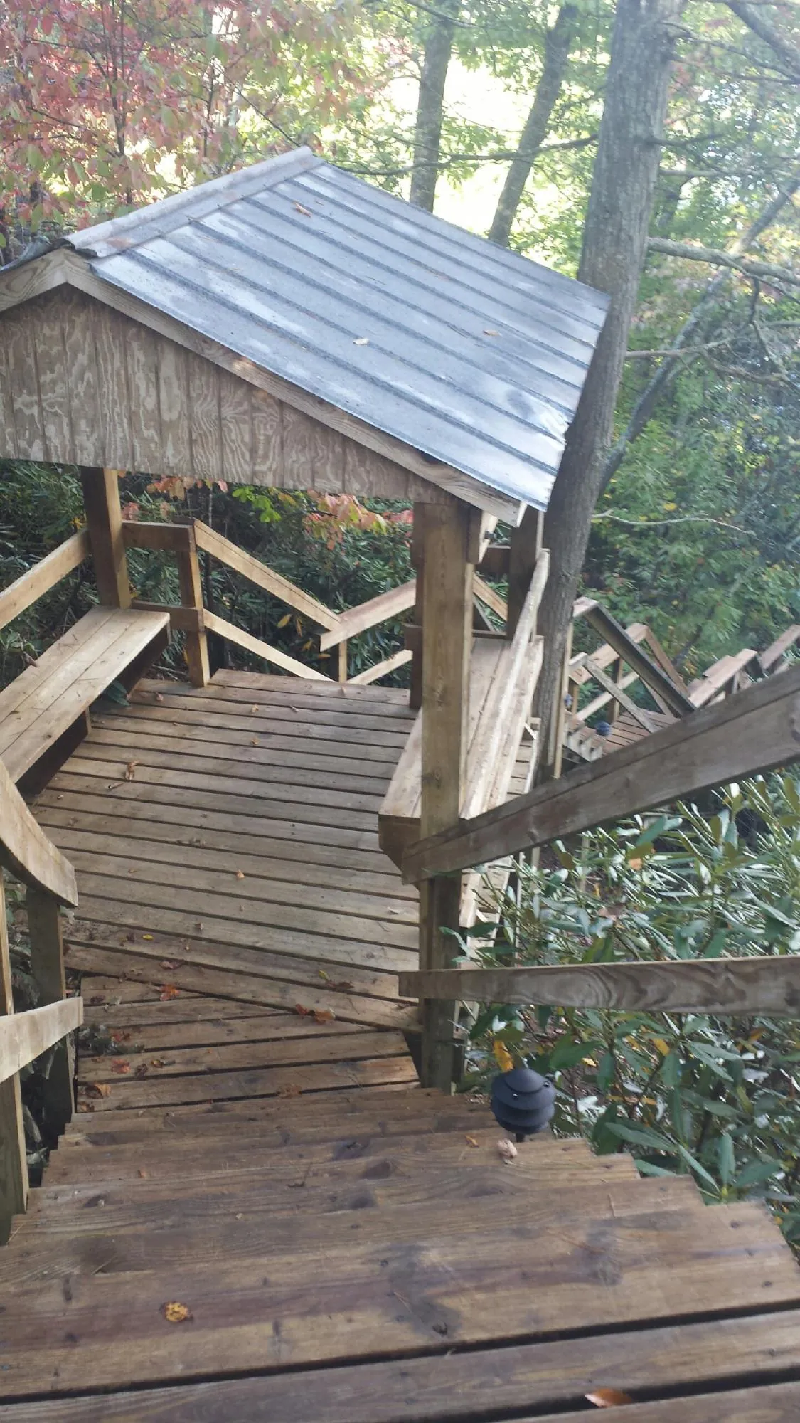Metal roofed shelter over wooden steps on a wooded walkway — Skylight Repair & Installation work by our crew in San Andreas